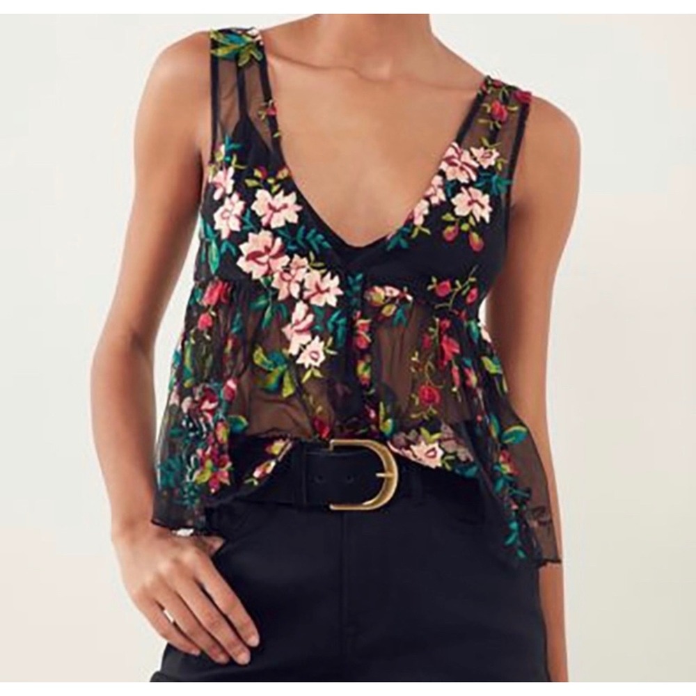 Ecote Urban Outfitters Babydoll Top Women XS Black Floral Peplum V-Neck Blouse
